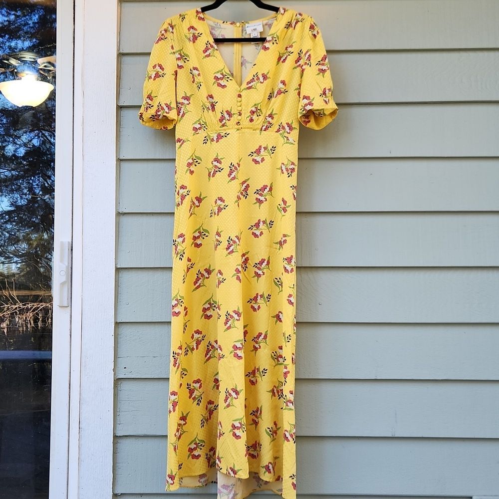 Jill Stuart Lemon Floral V-Neck Short Sleeve High Waist Flare Dress